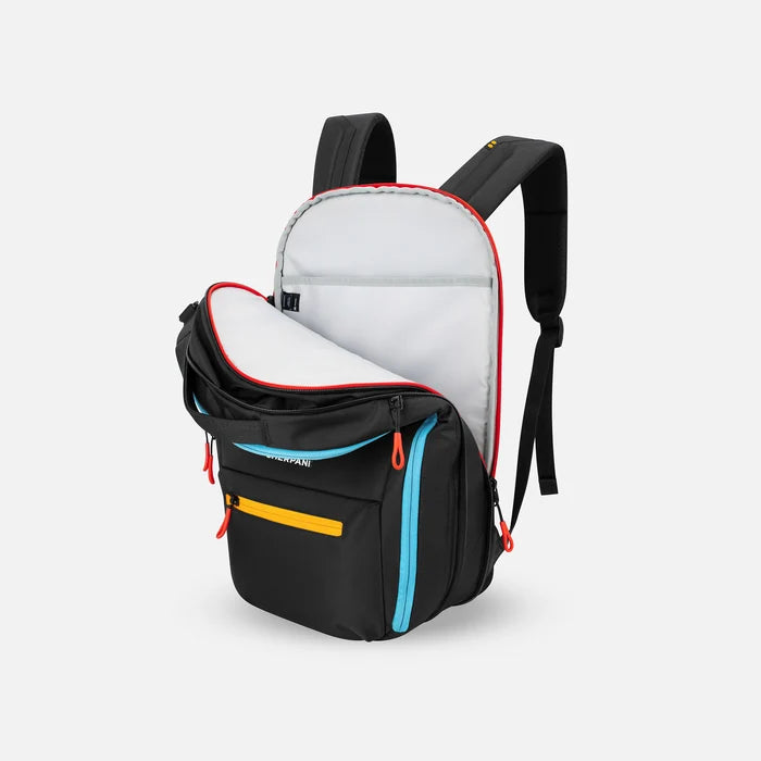 A Sherpani Camden Chromatic Black Ultimate Backpack, 3/4 view showing inside of laptop pocket on a white background. #color_chromatic-black