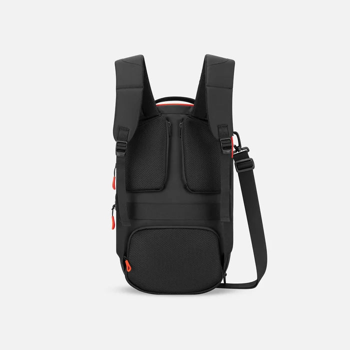 A Sherpani Camden Chromatic Black Ultimate Backpack, back view showing shoulder straps and luggage strap on white background.  #color_chromatic-black