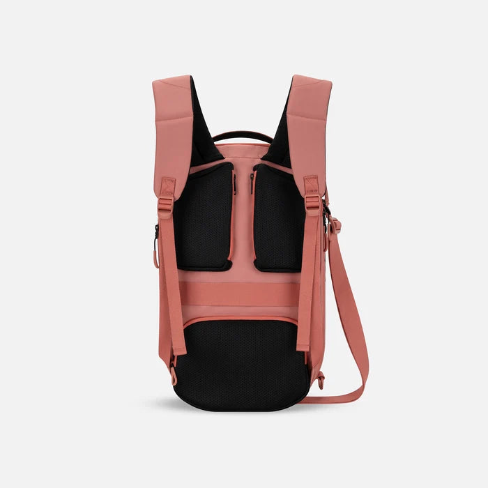A Sherpani Camden Desert Pink Ultimate Backpack, back view showing shoulder straps and luggage strap on white background.  #color_desert-pink