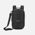 A Sherpani Camden Raven Black Ultimate Backpack, front view showing various pockets and strap options on white backdrop. #color_raven-black