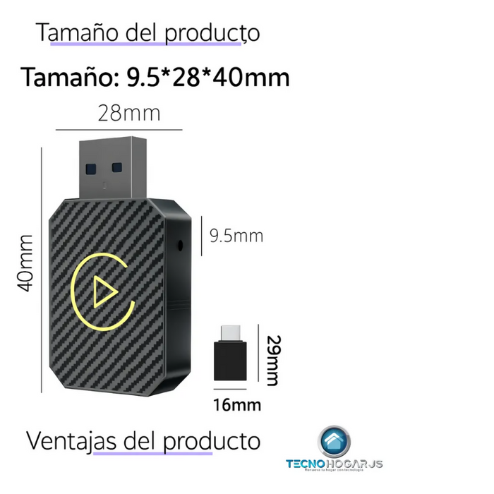 CAR PLAY ANDROID AUTO INALÁMBRICO ADAPTADOR USB TECNOHOGARJS