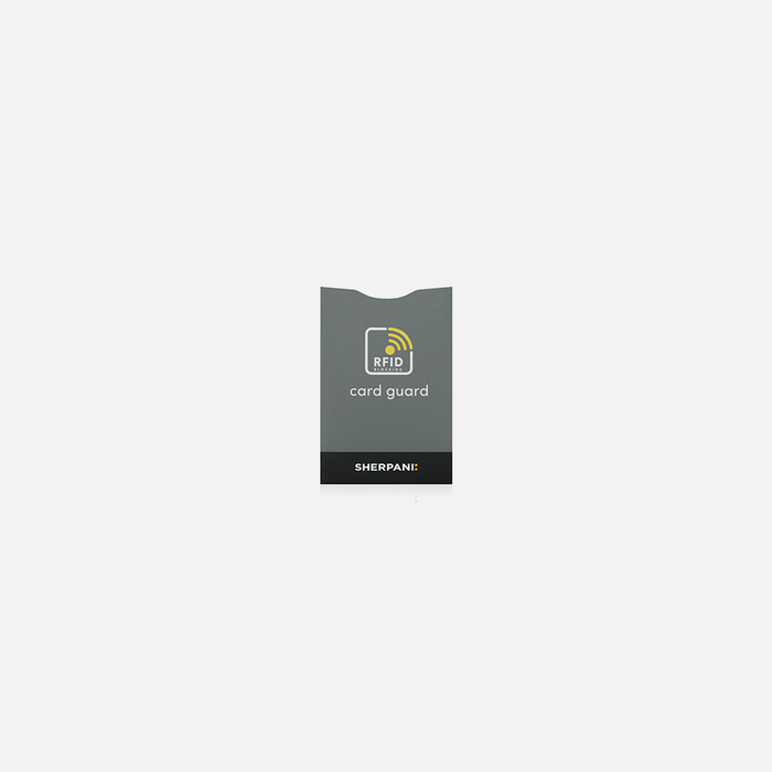 A Sherpani Passport Guard Grey RFID Sleeve on white backdrop.