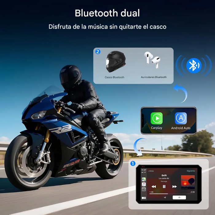 CARPLAY MOTOS USB DVR CÁMARAS 2K SENSOR PRESIÓN LLANTAS WIFI