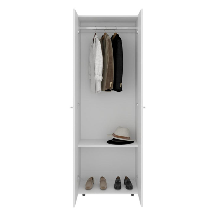 CLOSET BEICO, BLANCO DUQUEZA, CON DOS PUERTAS ABATIBLES Y UN TUBO CROMADO