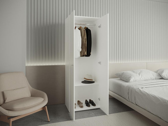 CLOSET BEICO, BLANCO DUQUEZA, CON DOS PUERTAS ABATIBLES Y UN TUBO CROMADO