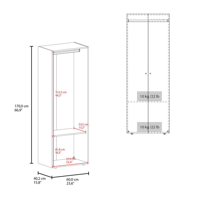 CLOSET BEICO, BLANCO DUQUEZA, CON DOS PUERTAS ABATIBLES Y UN TUBO CROMADO