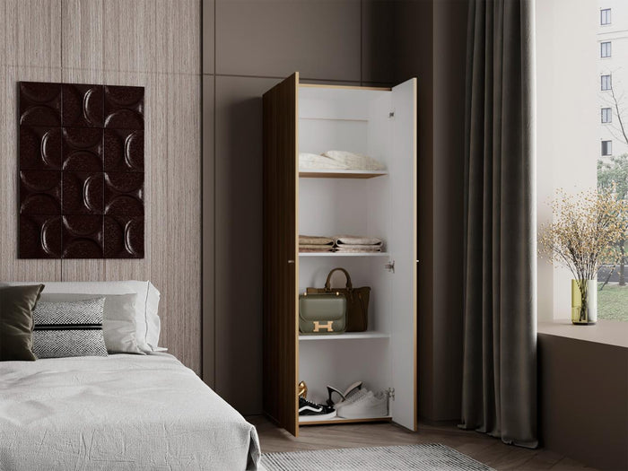 CLOSET BEICO, FRESNO Y BLANCO DUQUEZA, CON DOS PUERTAS ABATIBLES Y CUATRO ENTREPAÑOS