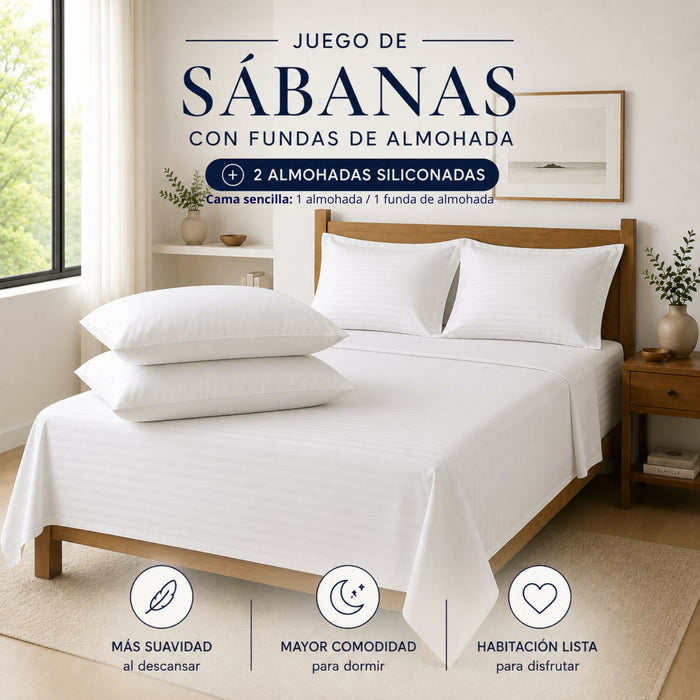 Combo juego de sábanas + 1 almohada siliconada sencillo