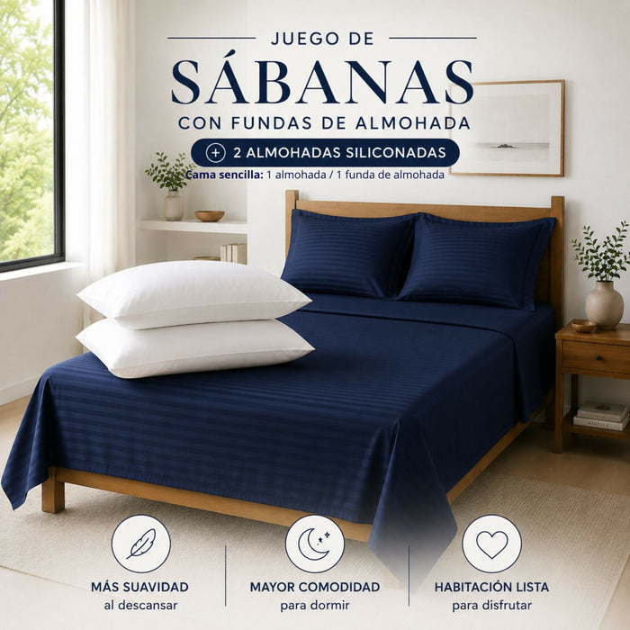 Combo Juego de sábanas + 2 almohadas siliconadas queen