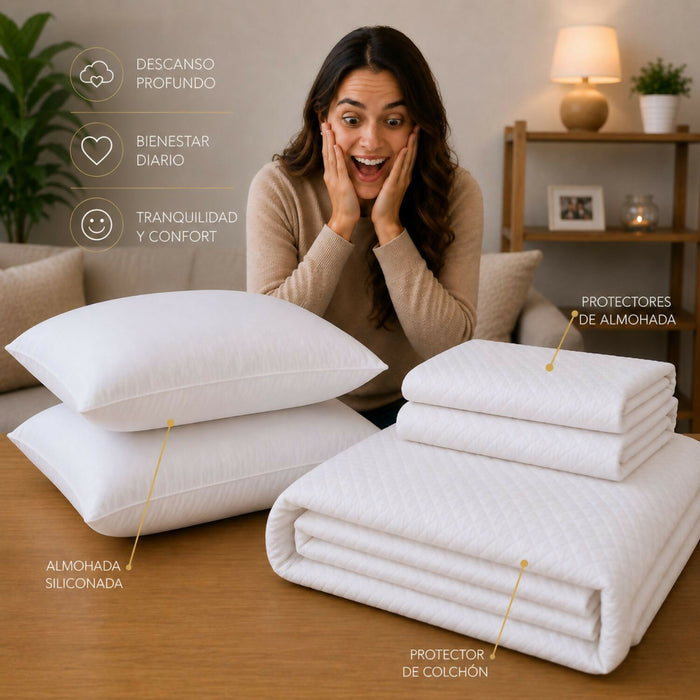 Combo protector colchon + 2 almohadas siliconadas doble
