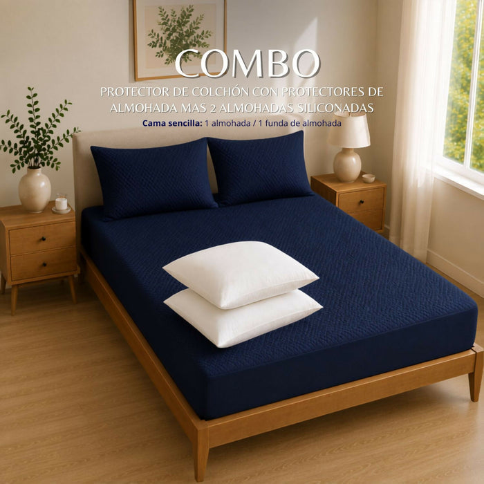 Combo protector colchon + 2 almohadas siliconadas king