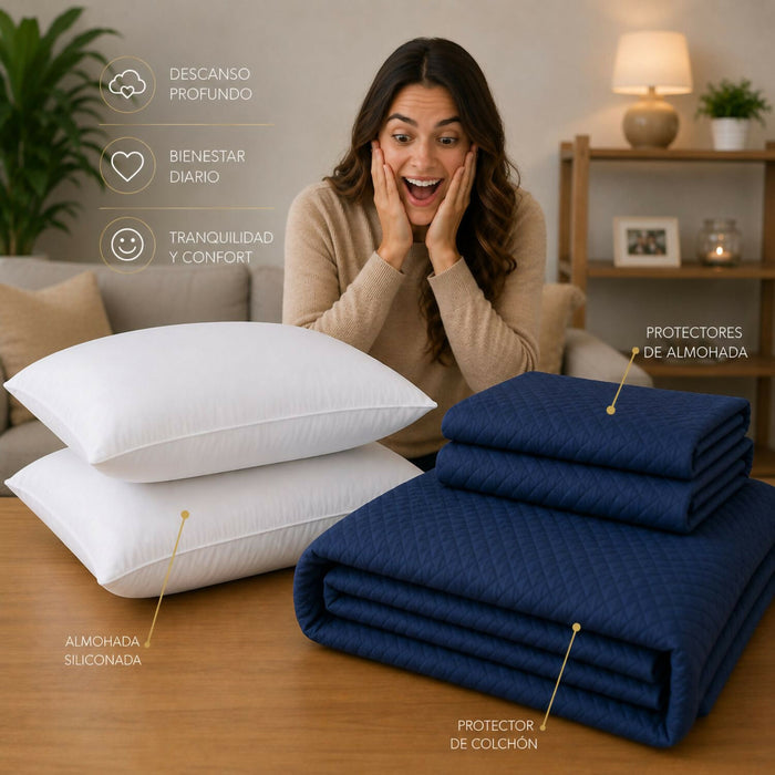 Combo protector colchon + 2 almohadas siliconadas king