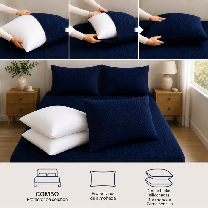 Combo protector colchon + 2 almohadas siliconadas king