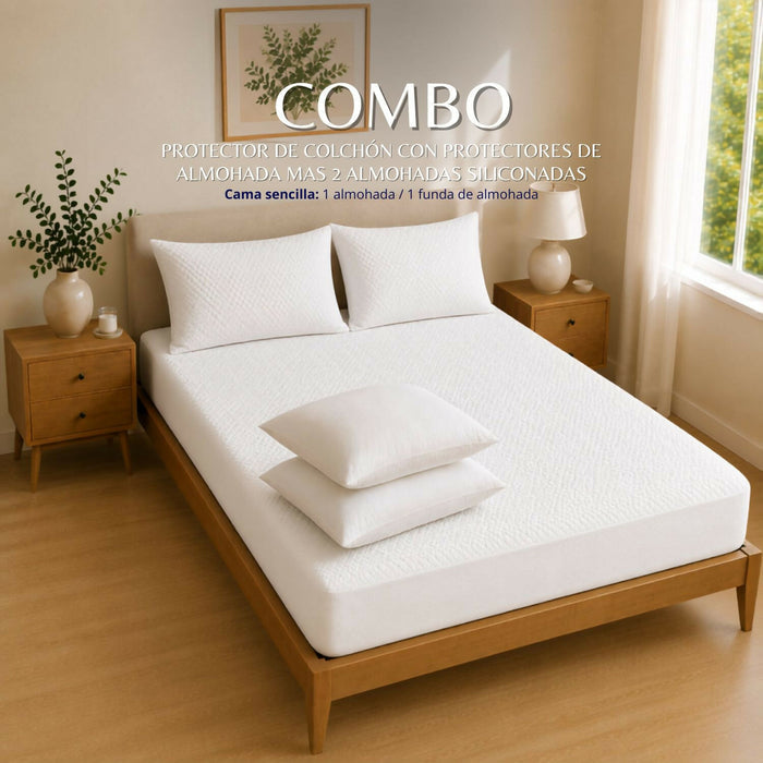 Combo protector colchon + 2 almohadas siliconadas king