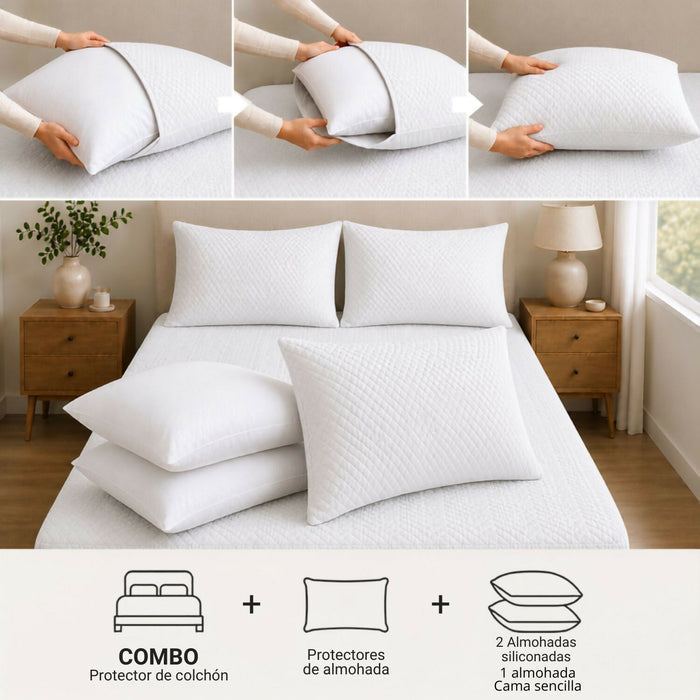 Combo protector colchon + 2 almohadas siliconadas queen