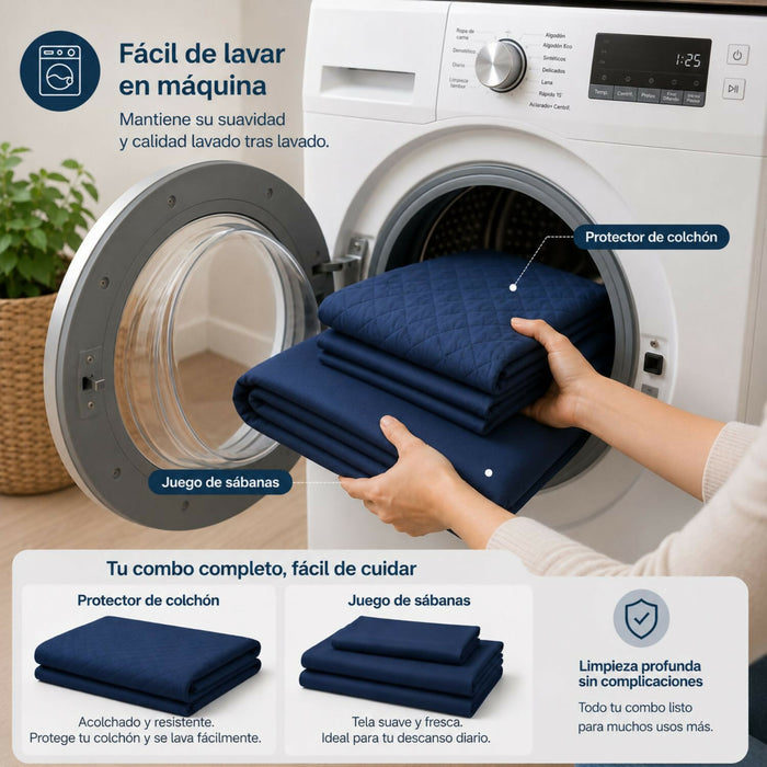 Combo protector colchon + Juego de sábanas doble