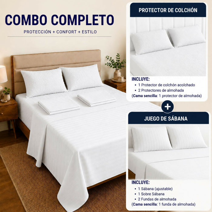 Combo protector colchon + Juego de sábanas queen