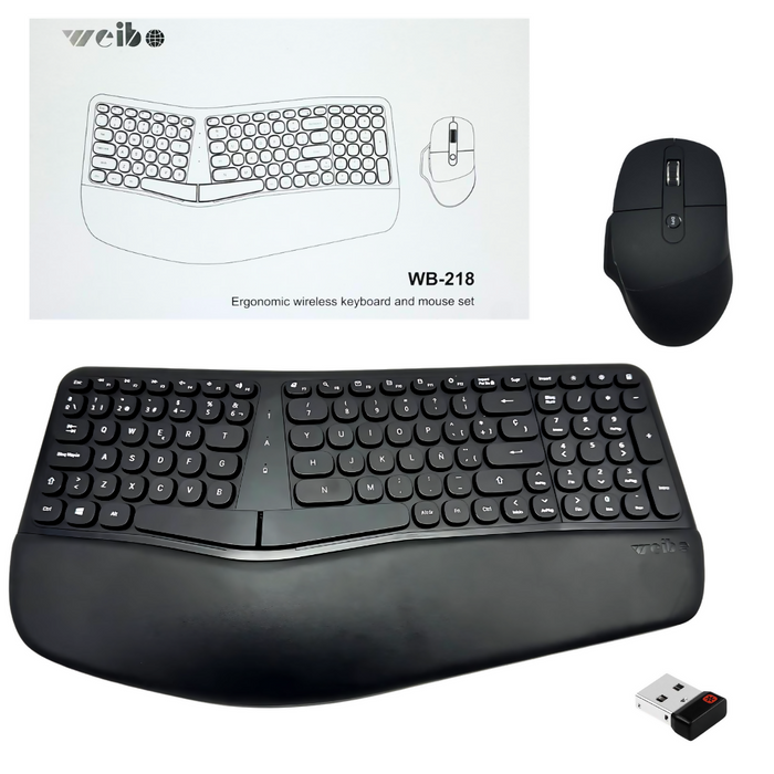 COMBO TECLADO MOUSE INALÁMBRICO ERGONÓMICO RECEPTOR USB WEIB