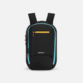 A Sherpani Crew Chromatic Black Travel Backpack, front view showing lockable zippers and different straps against a white background. #color_chromatic-black