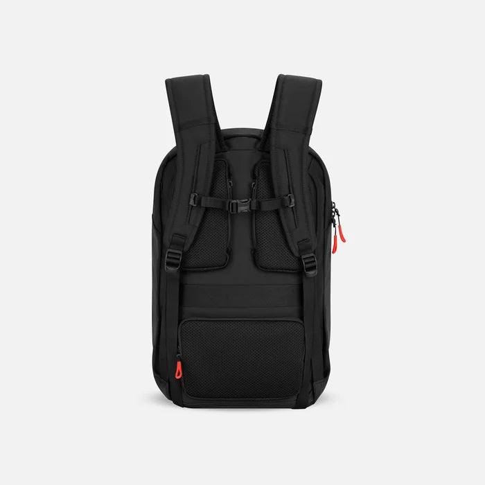 A Sherpani Crew Chromatic Black Travel Backpack, back view showing back strap pockets and shoulder straps against a white background. #color_chromatic-black