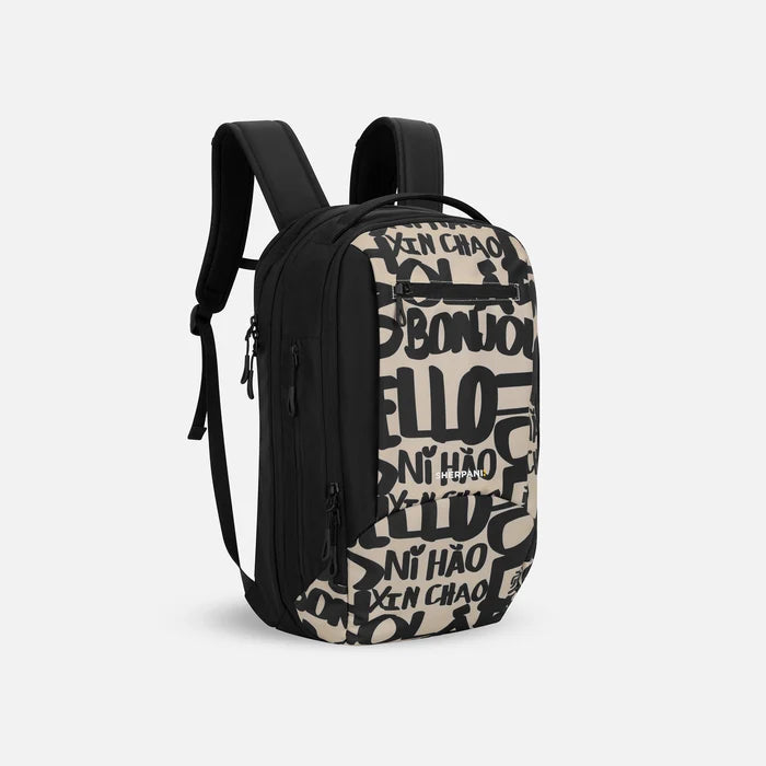 A Sherpani Crew Ciao Travel Backpack, 3/4 view showing lockable zippers and different straps against a white background. #color_ciao-print