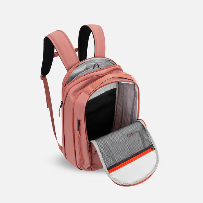 A Sherpani Crew Desert Pink Travel Backpack, above view showing inside main and laptop pocket against a white background. #color_desert-pink