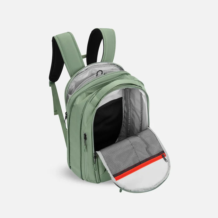 A Sherpani Crew Olivine Travel Backpack, above view showing inside main and laptop pocket against a white background. #color_olivine-green