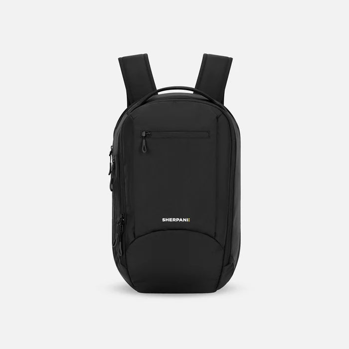 A Sherpani Crew Raven Black Travel Backpack, front view showing lockable zippers and different straps against a white background. #color_raven-black