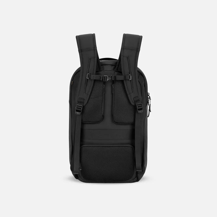 A Sherpani Crew Raven Black Travel Backpack, back view showing back strap pockets and shoulder straps against a white background.  #color_raven-black
