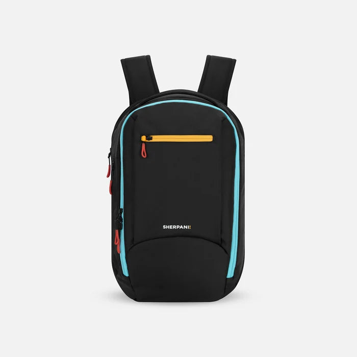 A Sherpani Crew Chromatic Black Travel Backpack, front view showing lockable zippers and different straps against a white background. #color_chromatic-black