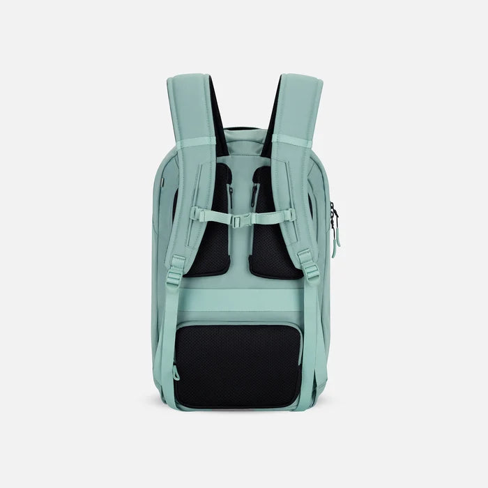 A Sherpani Crew Surf Blue Travel Backpack, back view showing back strap pockets and shoulder straps against a white background.  #color_surf-blue
