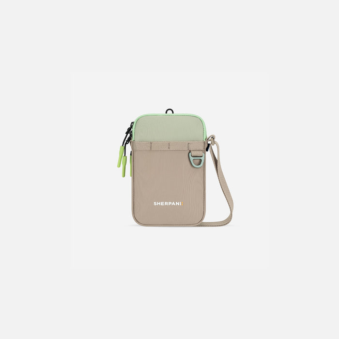 A Sherpani Cruz Desert Aloe Small Crossbody, front view showing strap and main pocket zipper on white backdrop.   #color_desert-aloe