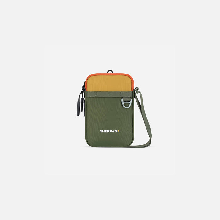 A Sherpani Cruz Antelope Small Crossbody, front view showing strap and main pocket zipper on white backdrop.   #color_antelope