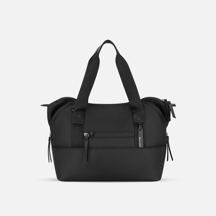 A Sherpani Eclipse Carbon Expandable Tote, front view showing lockable pocket & strap options on white backdrop. #color_carbon
