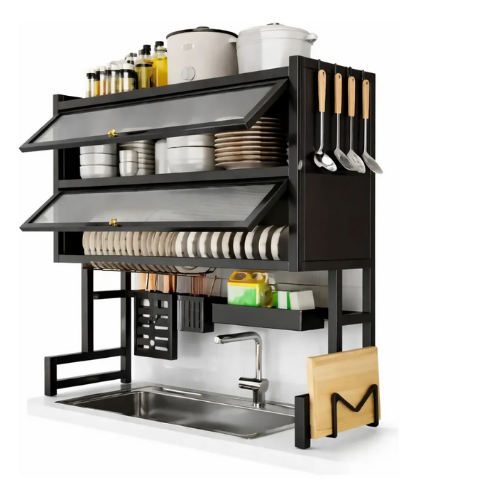 ESCURRIDOR ORGANIZADOR DE PLATOS 65 CM DOBLE TAPA NEGRO