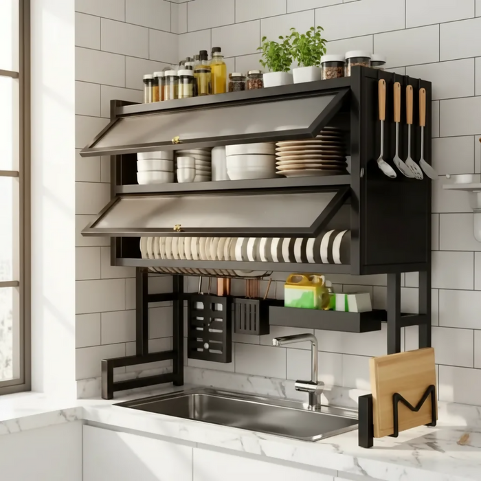 ESCURRIDOR ORGANIZADOR DE PLATOS 65 CM DOBLE TAPA NEGRO