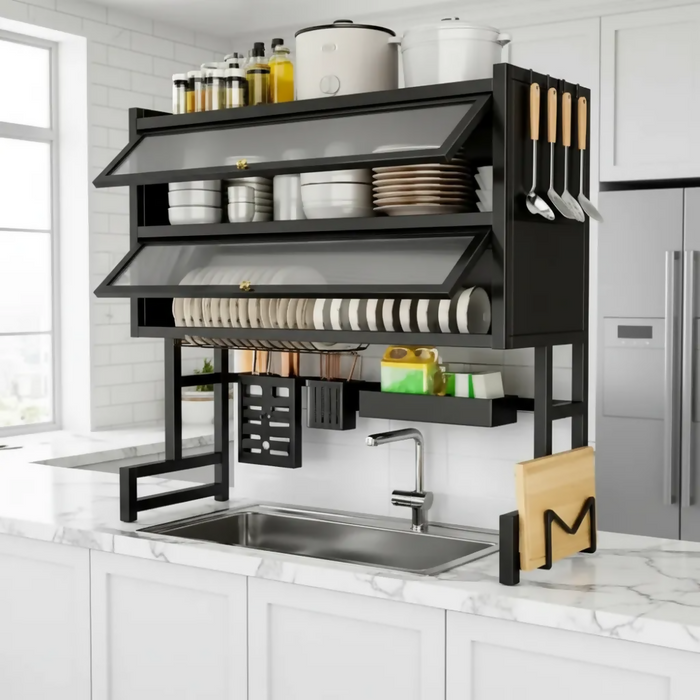 ESCURRIDOR ORGANIZADOR DE PLATOS 65 CM DOBLE TAPA NEGRO