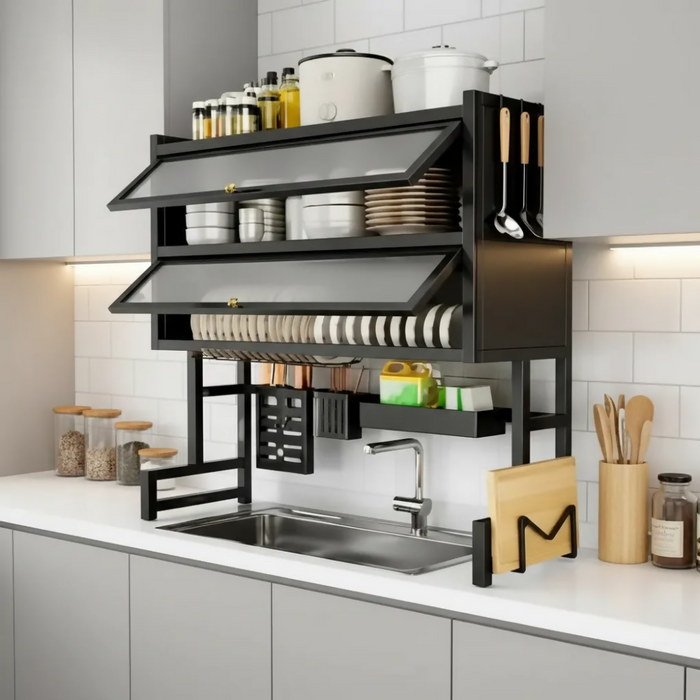 ESCURRIDOR ORGANIZADOR DE PLATOS 65 CM DOBLE TAPA NEGRO