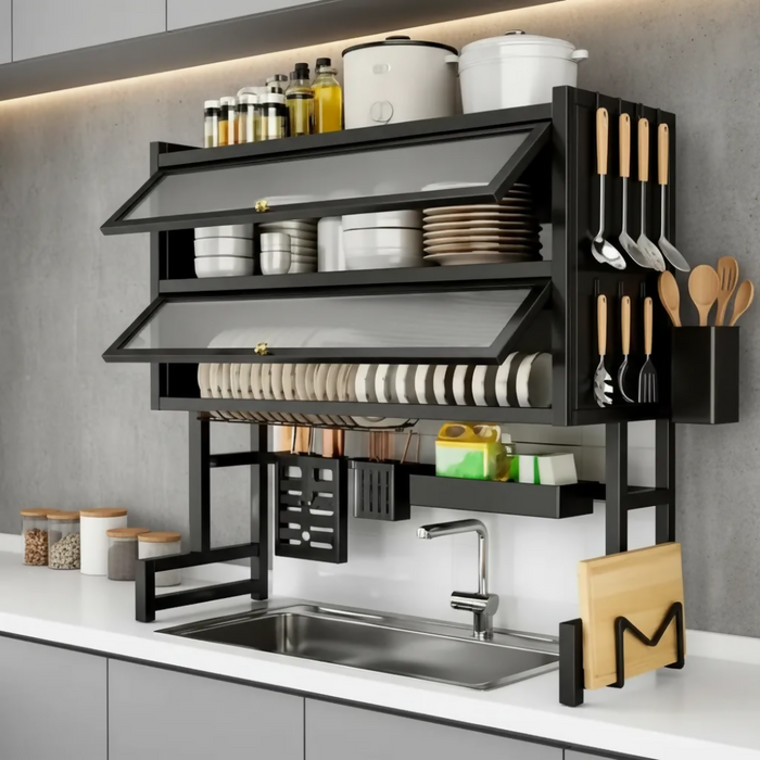 ESCURRIDOR ORGANIZADOR DE PLATOS 65 CM DOBLE TAPA NEGRO