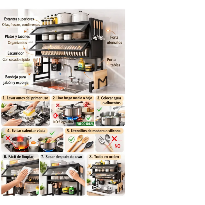 ESCURRIDOR ORGANIZADOR DE PLATOS 65 CM DOBLE TAPA NEGRO