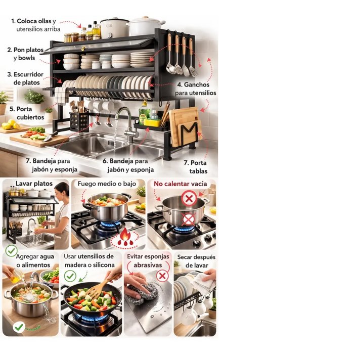 ESCURRIDOR ORGANIZADOR DE PLATOS 65 CM DOBLE TAPA NEGRO