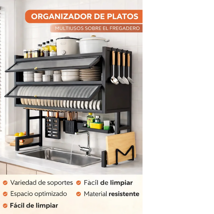 ESCURRIDOR ORGANIZADOR DE PLATOS 65 CM DOBLE TAPA NEGRO