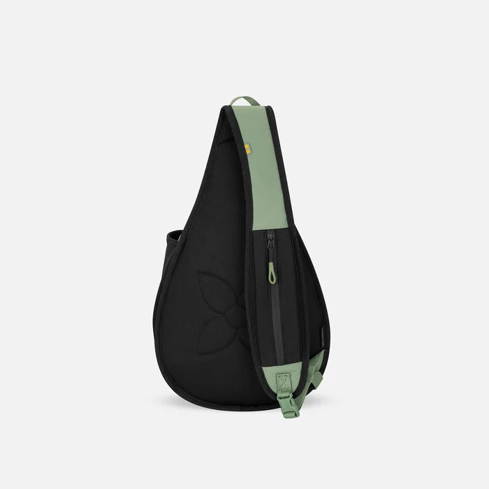 A Sherpani Esprit Olivine Sling Bag, back view showing the strap pocket and the chair lock on a white background. #color_olivine-green