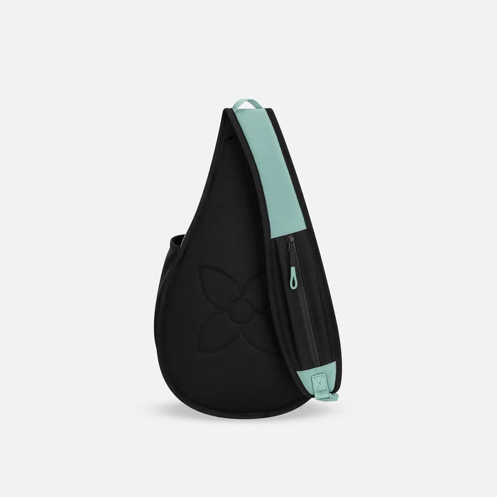 A Sherpani Esprit Surf Blue Sling Bag, back view showing the strap pocket and the chair lock on a white background.  #color_surf-blue