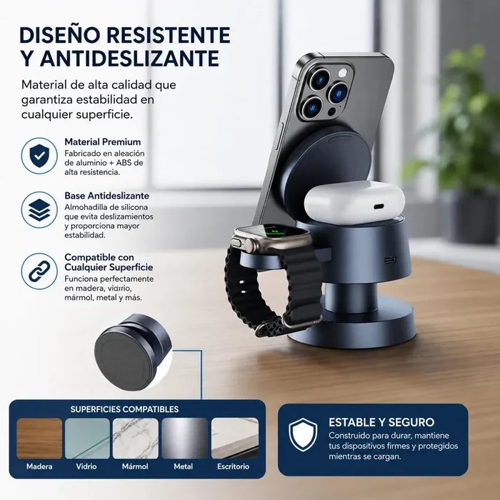 ESTACIÓN DE CARGA MAGNÉTICA INALÁMBRICA PREMIUM 4 EN 1 CON LÁMPARA LED Y MAGSAFE