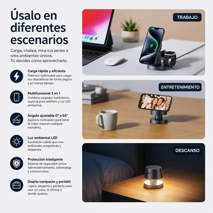 ESTACIÓN DE CARGA MAGNÉTICA INALÁMBRICA PREMIUM 4 EN 1 CON LÁMPARA LED Y MAGSAFE