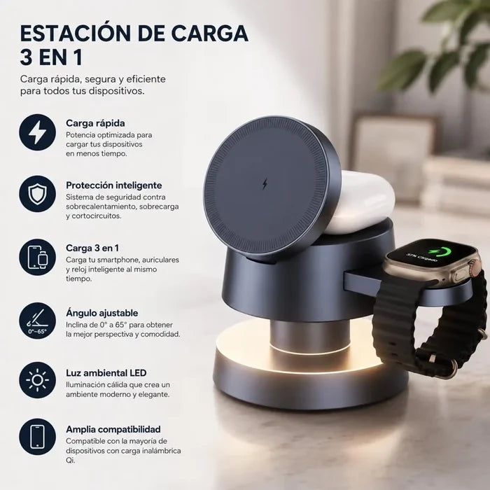 ESTACIÓN DE CARGA MAGNÉTICA INALÁMBRICA PREMIUM 4 EN 1 CON LÁMPARA LED Y MAGSAFE