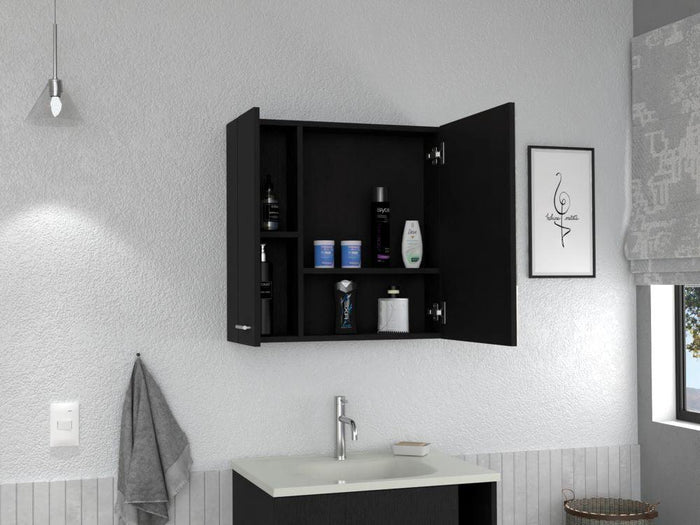 GABINETE DE BAÑO APOLIS, WENGUE, CON PUERTA ESPEJO Y DOS ENTREPAÑOS PARA UBICAR MÚLTIPLES OBJETOS