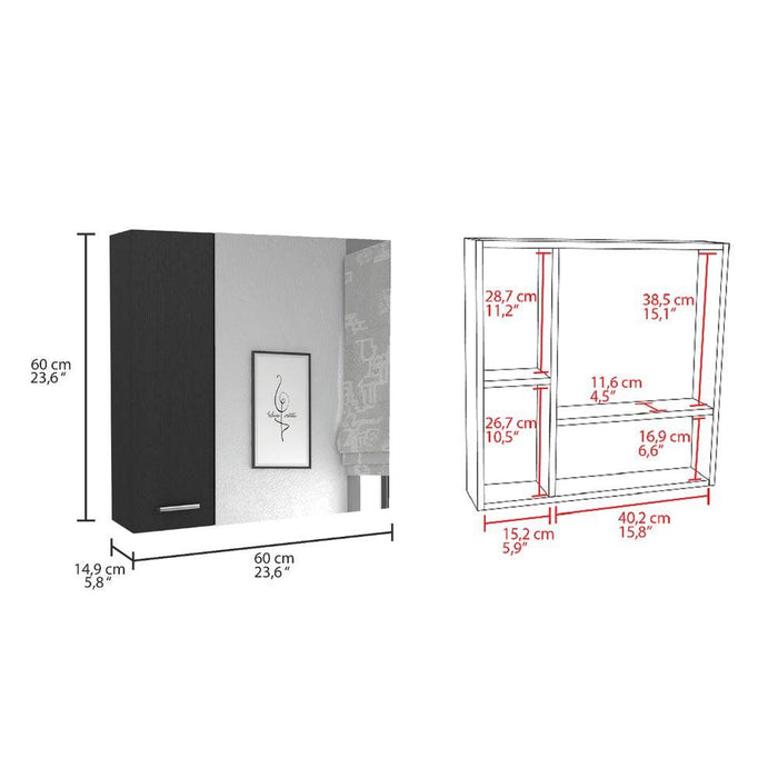 GABINETE DE BAÑO APOLIS, WENGUE, CON PUERTA ESPEJO Y DOS ENTREPAÑOS PARA UBICAR MÚLTIPLES OBJETOS