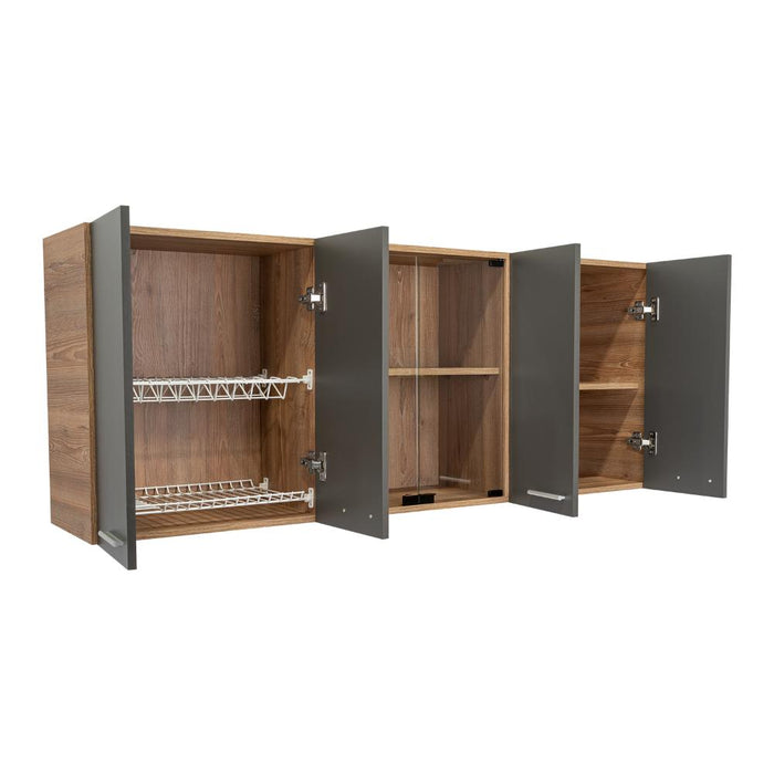 GABINETE SUPERIOR VEGA, MIEL Y PLATA OSCURO, INCLUYE ENTREPAÑO MÓVIL CENTRAL Y DOS PUERTAS DE VIDRIO